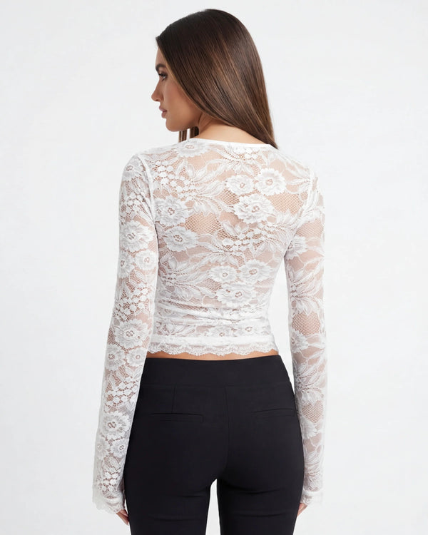 Womens Lace Hollow-Out Patchwork Long-Sleeve TopT-Shirt - White