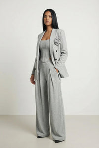Fall Winter Fashion Suit Three-dimensional Flower Brooch Suit Jacket Fishbone Vest Pleated Wide Leg Trousers