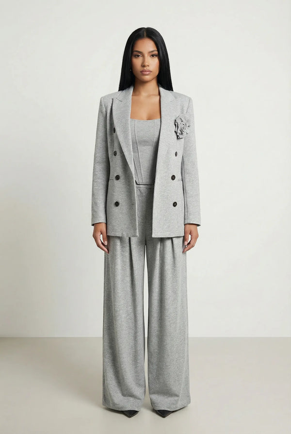 Fall Winter Fashion Suit Three-dimensional Flower Brooch Suit Jacket Fishbone Vest Pleated Wide Leg Trousers