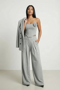 Fall Winter Fashion Suit Three-dimensional Flower Brooch Suit Jacket Fishbone Vest Pleated Wide Leg Trousers
