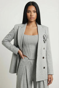 Fall Winter Fashion Suit Three-dimensional Flower Brooch Suit Jacket Fishbone Vest Pleated Wide Leg Trousers