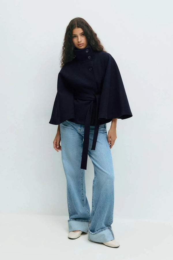 Trench Coat With A Stand-up Collar Buttons And A Belt - Navy Blue
