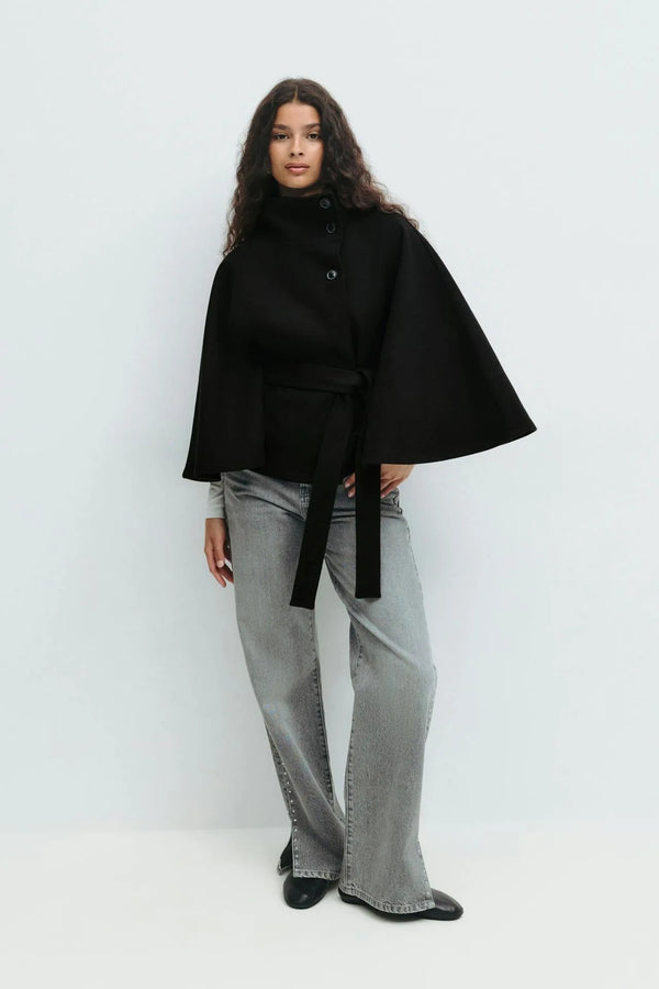 Trench Coat With A Stand-up Collar Buttons And A Belt - Black