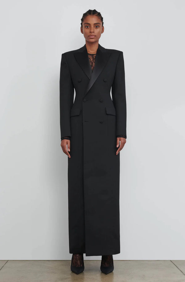 Satin Inlaid Color Collar Double Breasted Black Suit Fashion Trench Coat