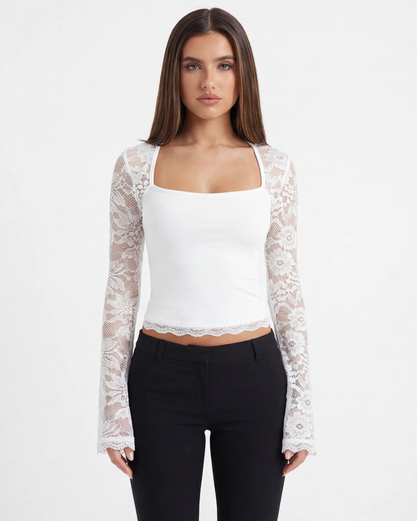 Womens Lace Hollow-Out Patchwork Long-Sleeve TopT-Shirt