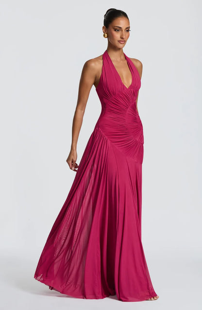 Louise Robe Longue en Rose Framboise
