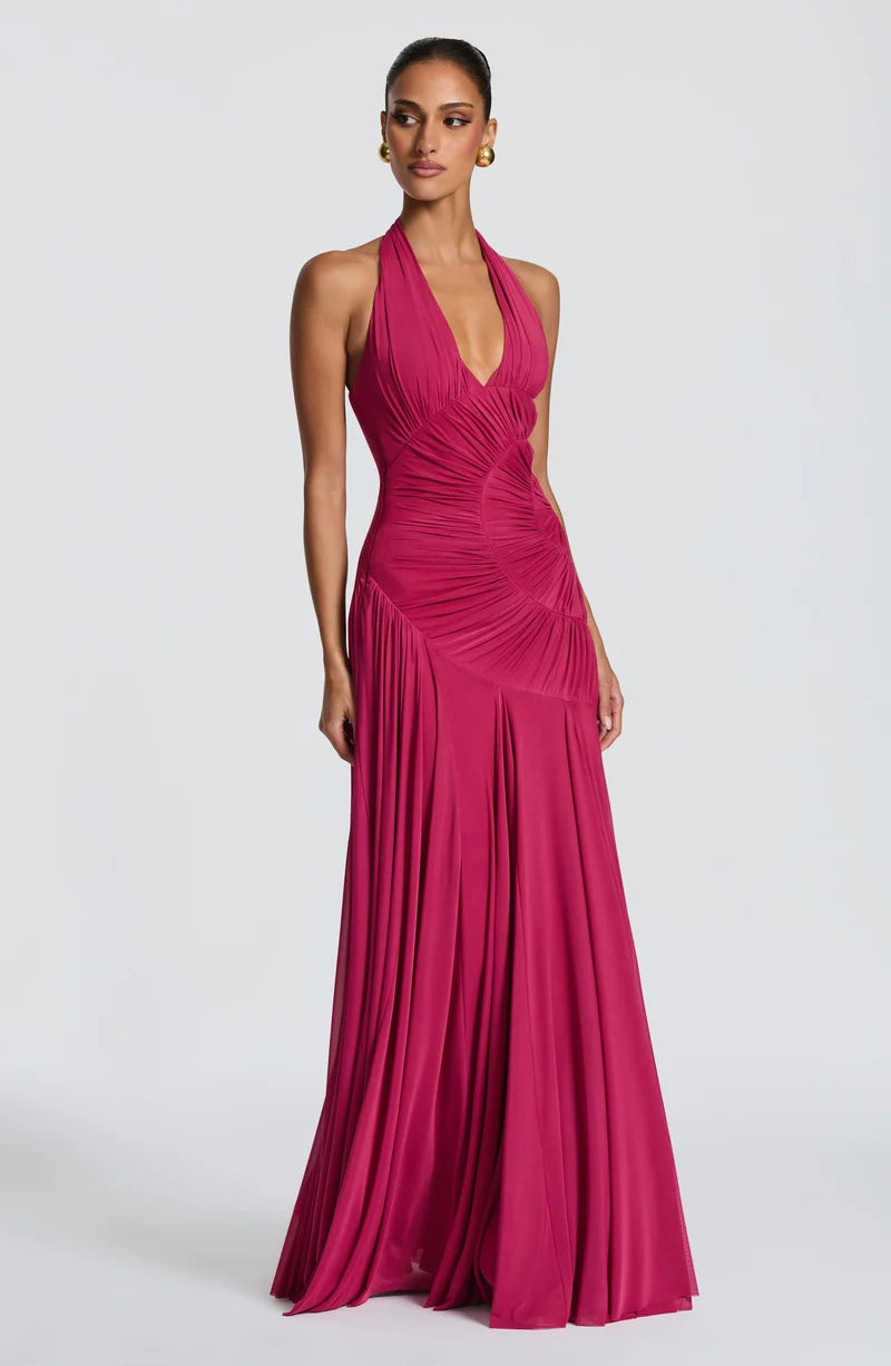 Louise Robe Longue en Rose Framboise